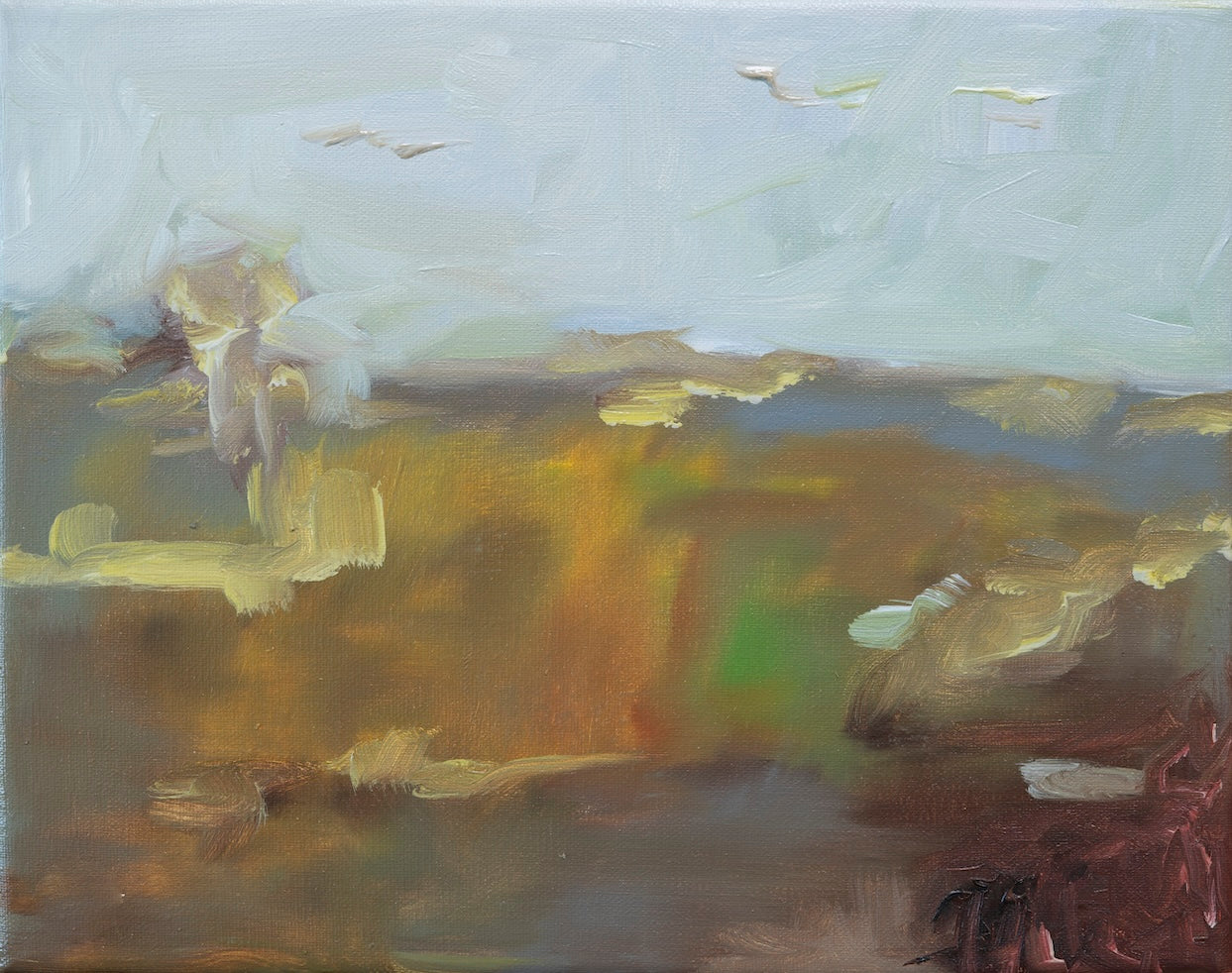 An abstract landscape painting featuring a pale blue sky with birds, a golden-brown field, and earthy brown and green tones, rendered in thick textured brushstrokes.