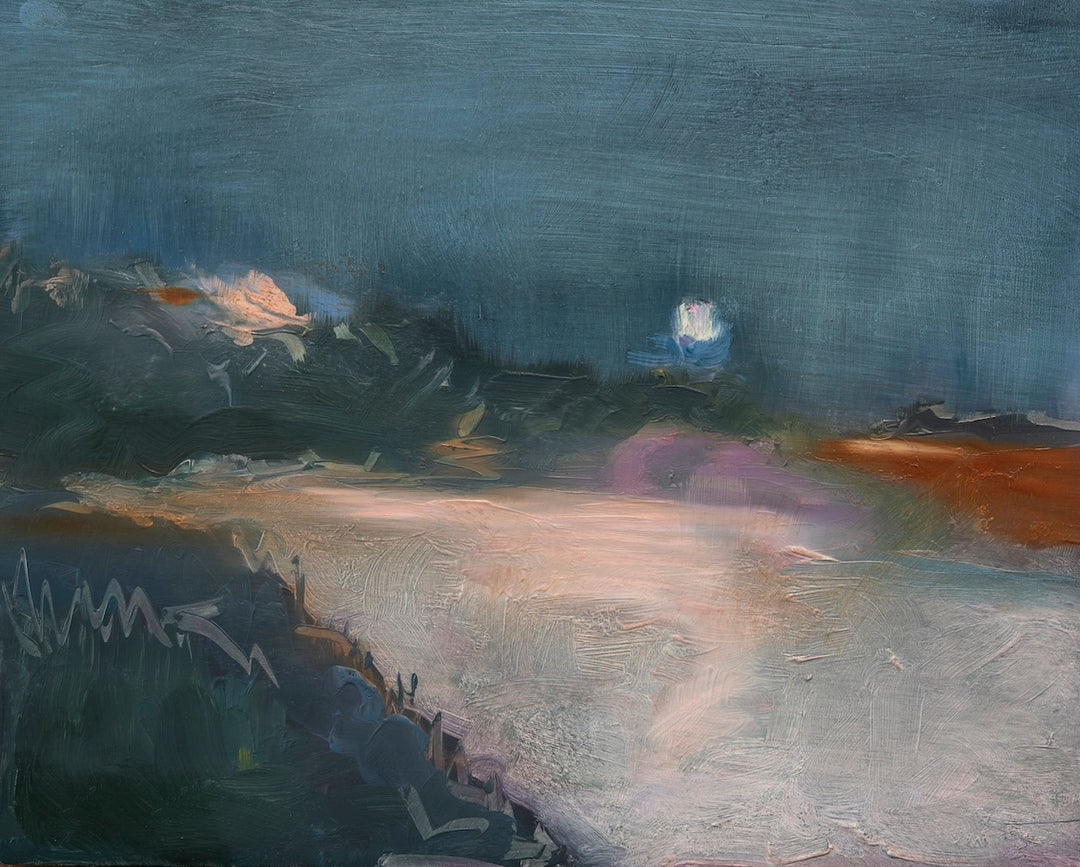 An impressionistic landscape painting featuring a dark blue-gray sky, a pale glowing moon or light source, dark landforms, and a soft lavender-purple field with orange-brown accents.