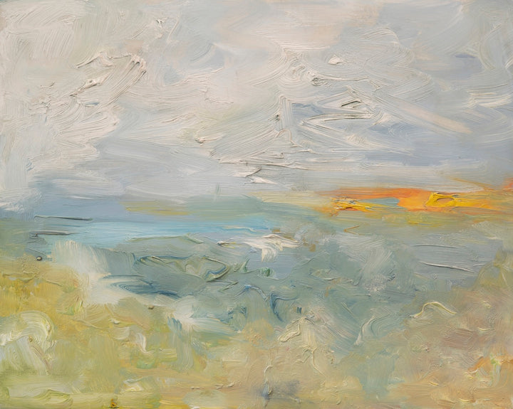 An impressionistic landscape painting featuring textured brushstrokes in soft gray, beige, and blue tones, with a bright orange-yellow sun on the horizon.